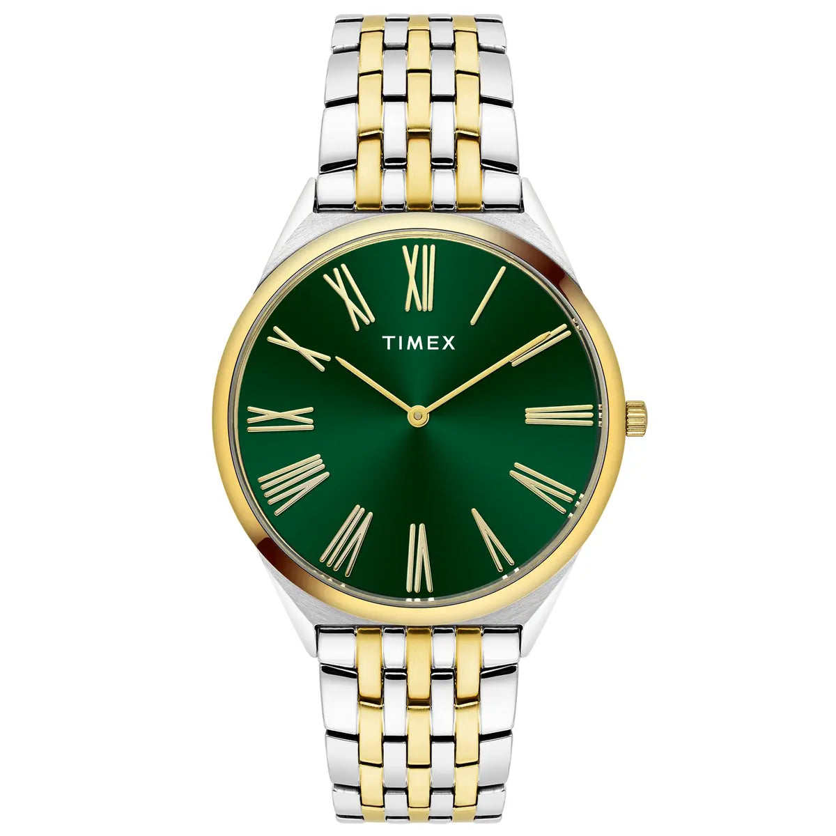 Timex watch with green face and two-tone metal band on white background
