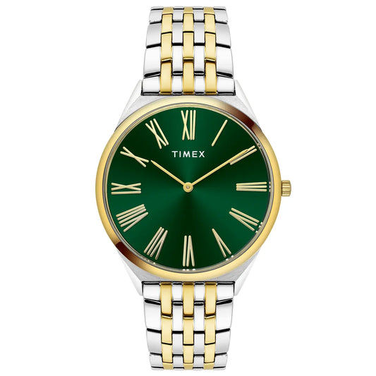 Timex watch with green face and two-tone metal band on white background