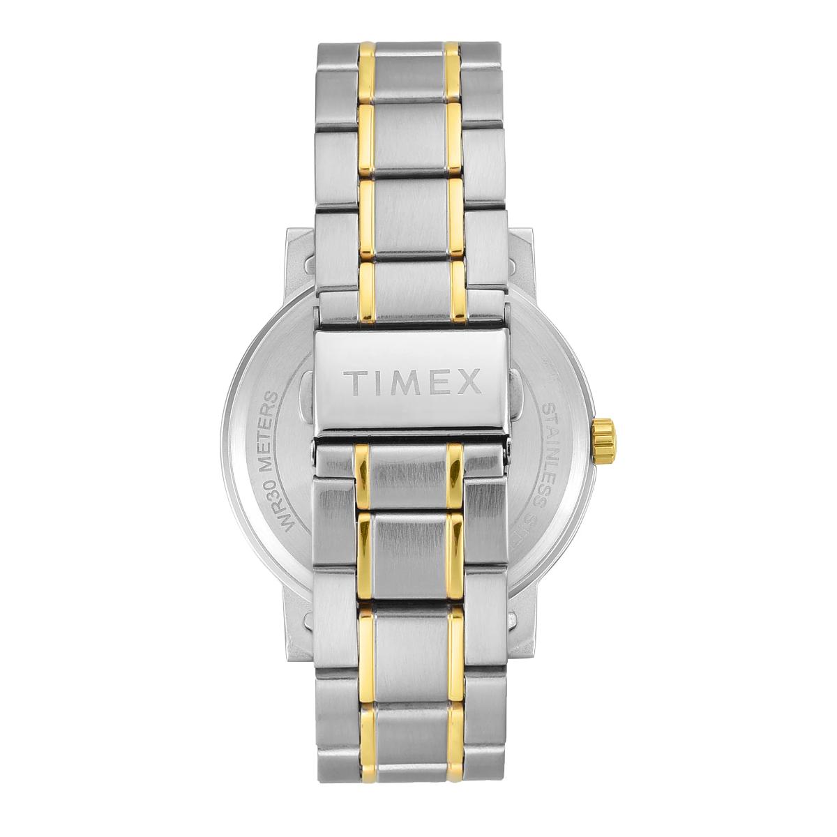 Timex watch with silver and gold band on a white background