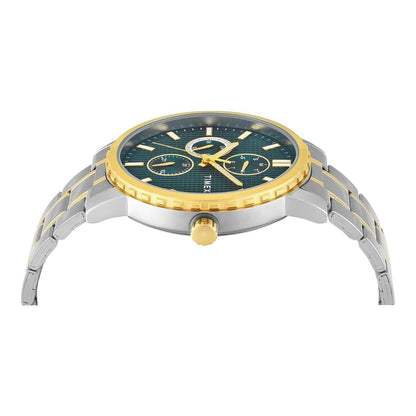 Watch with a gold and silver band on a white background