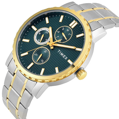 Timex watch with silver and gold band on a white background