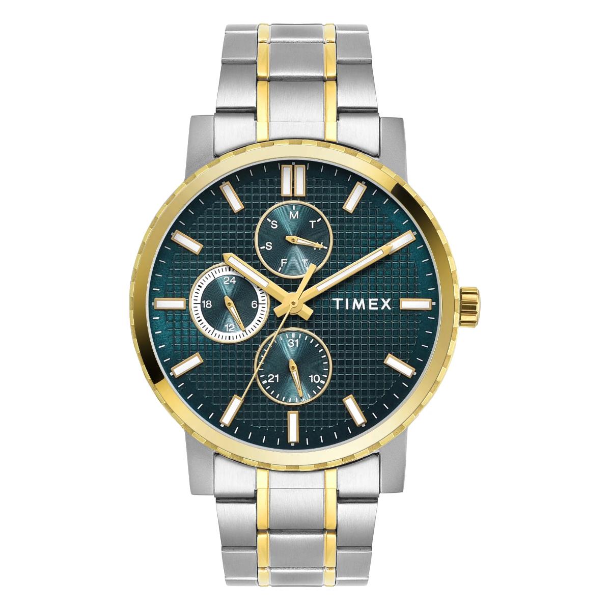 Timex watch with silver and gold band on a white background