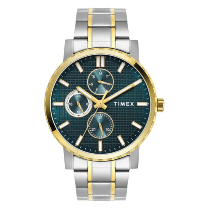 Timex watch with silver and gold band on a white background