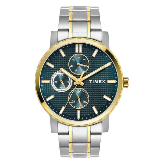 Timex watch with silver and gold band on a white background