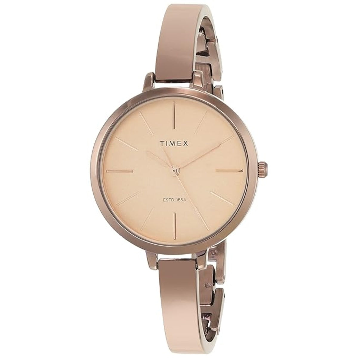 Timex watch with beige face and rose gold strap on a white background