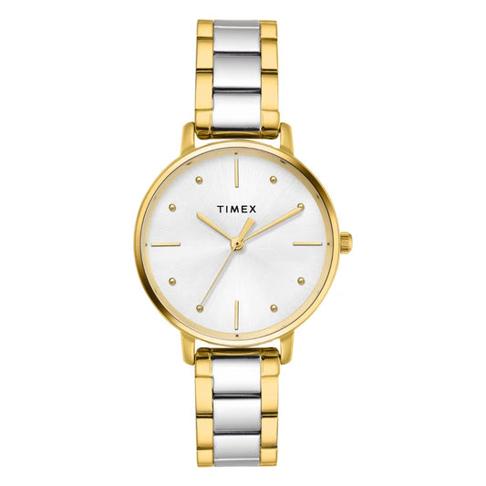 Timex watch with gold and silver two-tone band on a white background