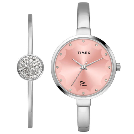 Timex Fria Women Pink Round Watch with Bracelet- TWEL18500
