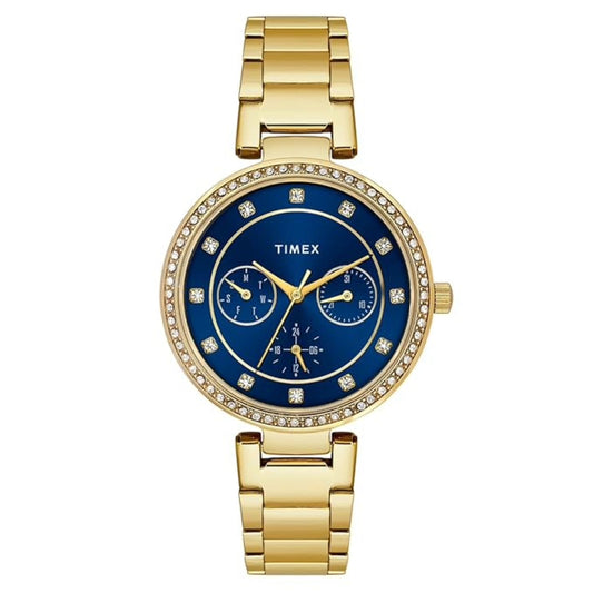 Gold Timex watch with a blue face on a white background