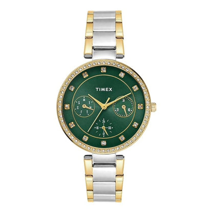Timex watch with green face and two-tone metal band on a white background