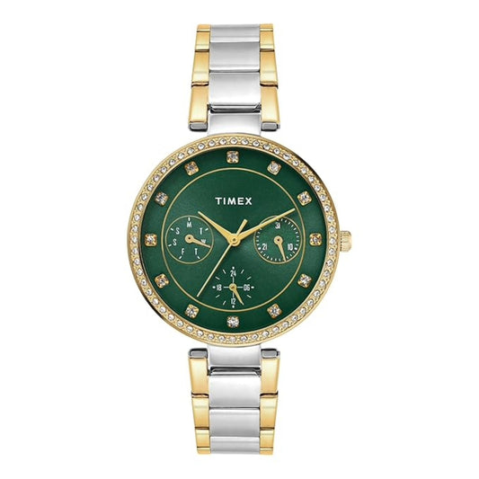 Timex watch with green face and two-tone metal band on a white background