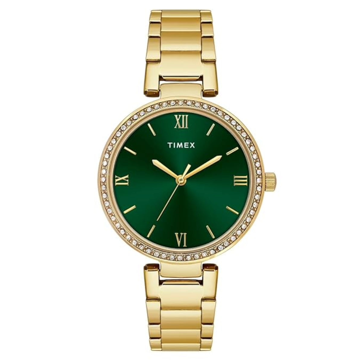 Gold watch with a green face and Timex branding on a white background