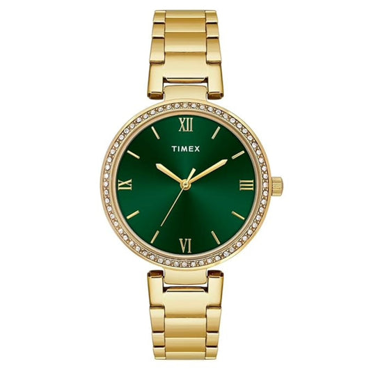 Gold watch with a green face and Timex branding on a white background