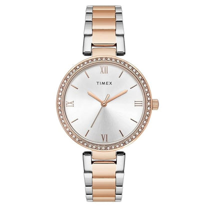 Timex watch with two-tone rose gold and silver band on white background