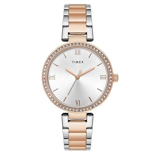 Timex watch with two-tone rose gold and silver band on white background