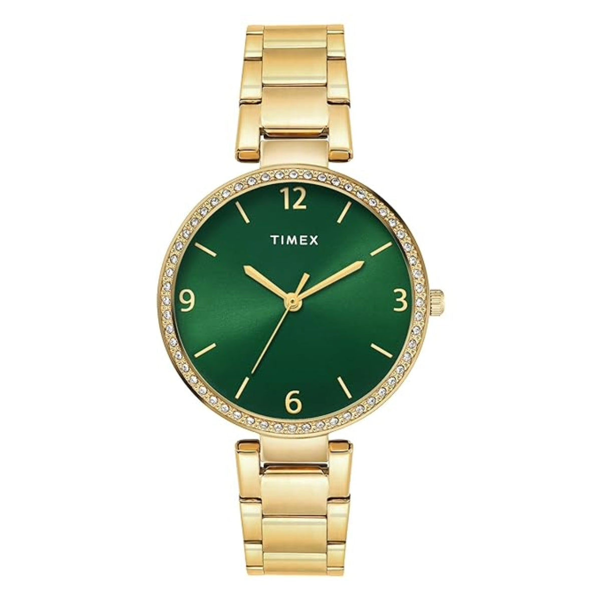 Timex watch with gold band and green face on a white background