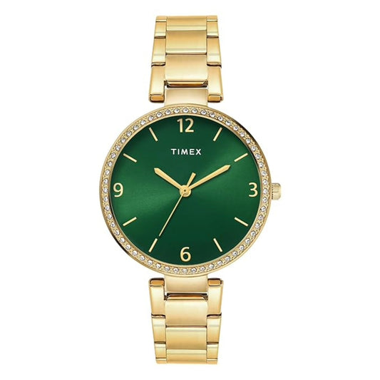 Timex watch with gold band and green face on a white background