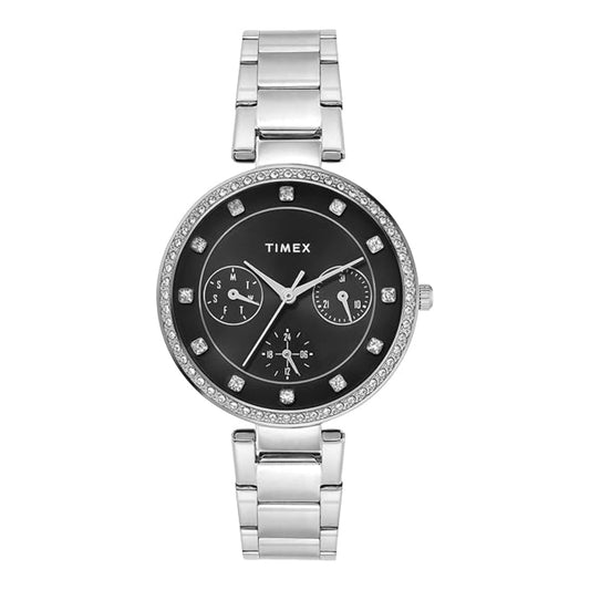 Timex watch with a silver bracelet and black dial on a white background