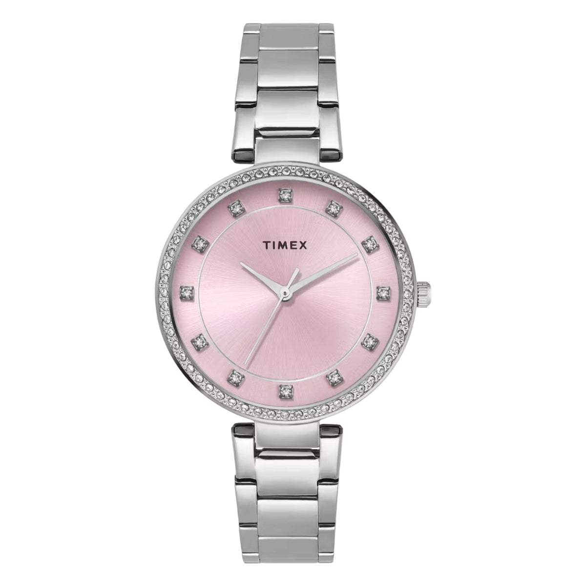 Timex watch with pink face and silver band on white background