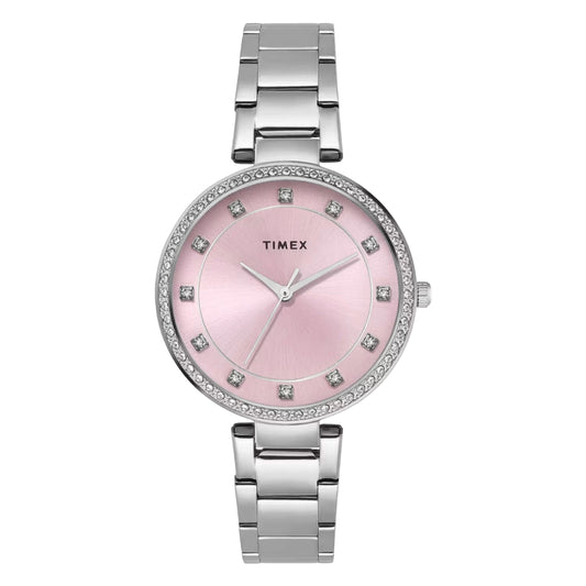 Timex watch with pink face and silver band on white background