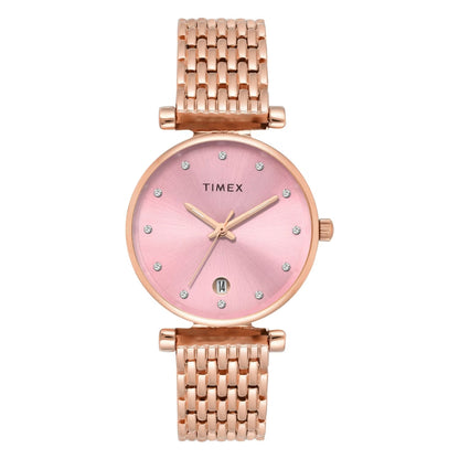 Timex watch with pink face and rose gold band on a white background