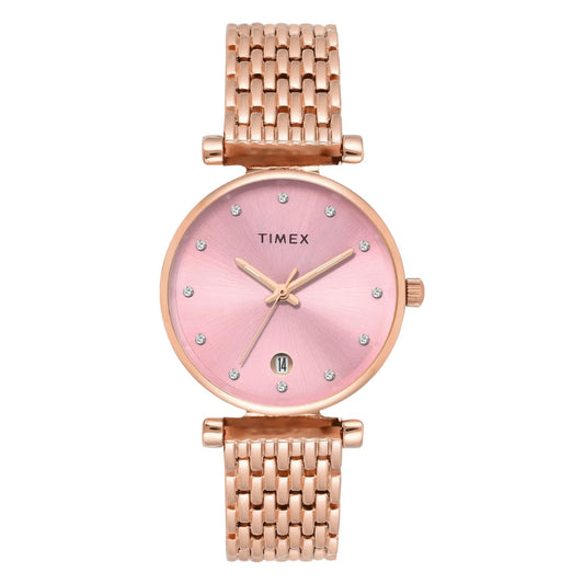 Timex watch with pink face and rose gold band on a white background