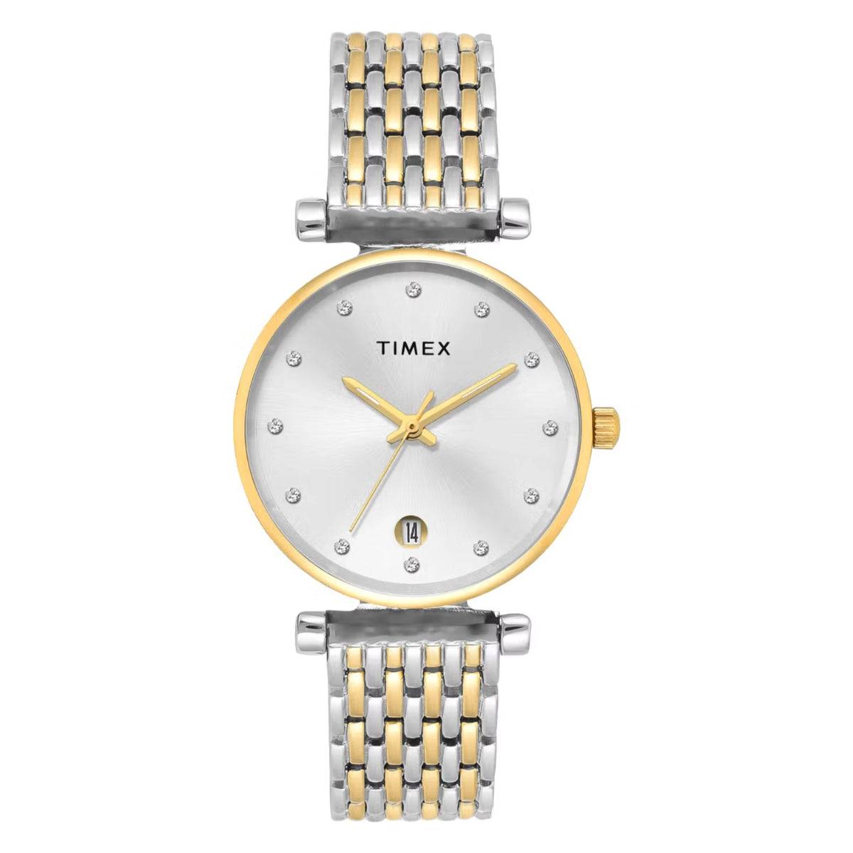 Timex watch with two-tone metal strap on a white background