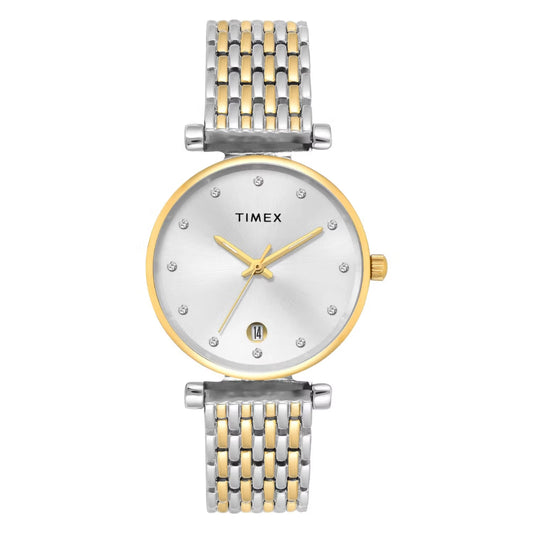 Timex watch with two-tone metal strap on a white background