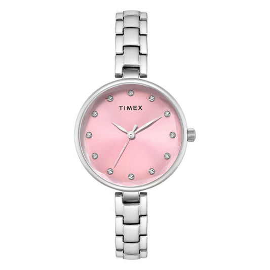 Timex watch with pink face and silver bracelet on white background