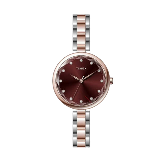 Timex watch with a rose gold and silver band on a light gray background
