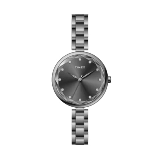 Timex watch with silver metal strap on a white background