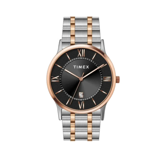Timex watch with a two-tone metal strap on a light gray background