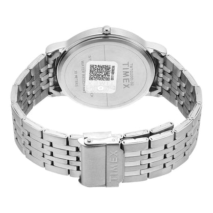 Silver Timex watch with metal band on a white background
