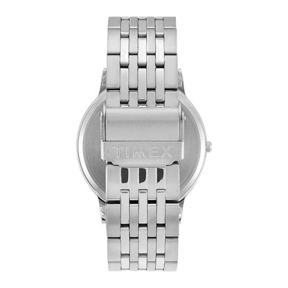 Silver Timex watch with a metal band on a white background