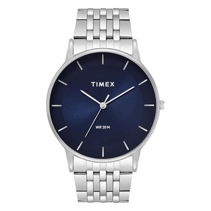 Timex watch with silver bracelet and blue dial on a white background