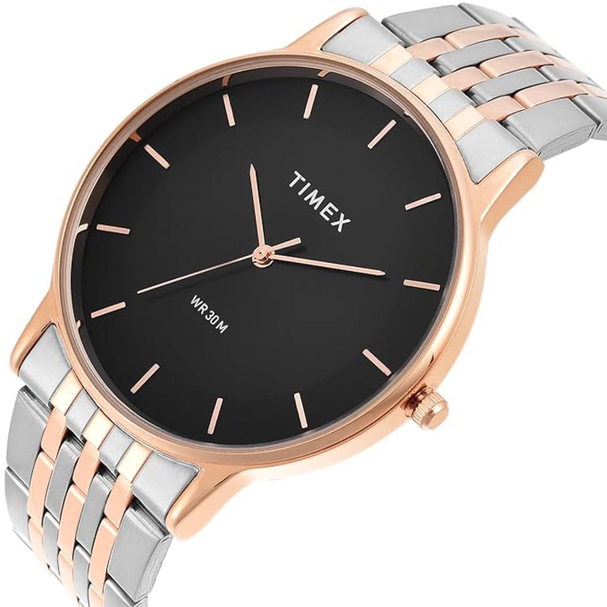 Timex watch with black dial and two-tone rose gold and silver bracelet on a white background