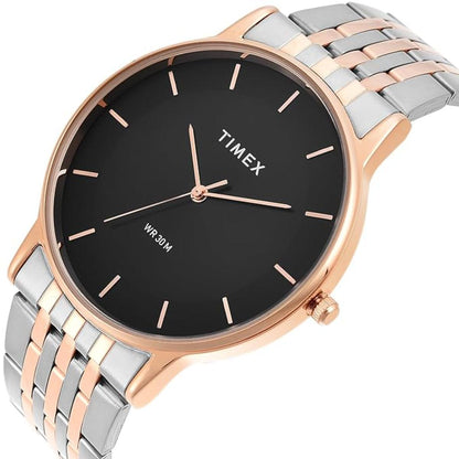 Timex watch with black dial and two-tone rose gold and silver bracelet on a white background