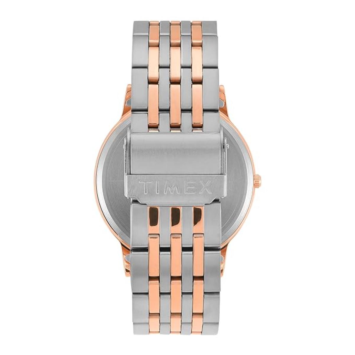 Timex watch with rose gold and silver metal band on a white background
