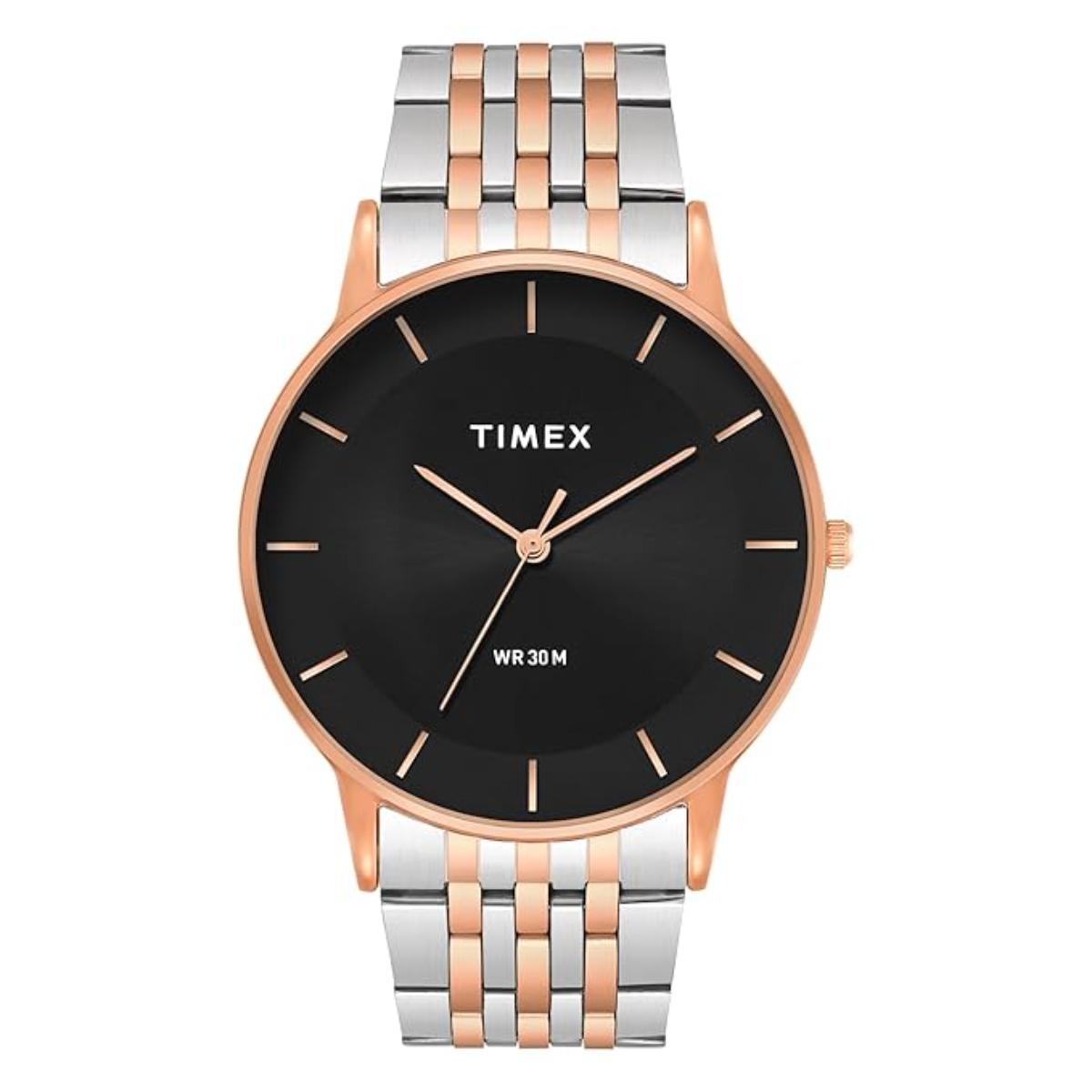 Timex watch with black face and two-tone metal band on a white background