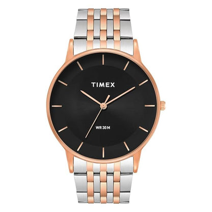 Timex watch with black face and two-tone metal band on a white background