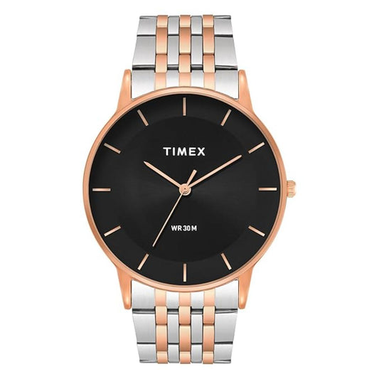 Timex watch with black face and two-tone metal band on a white background
