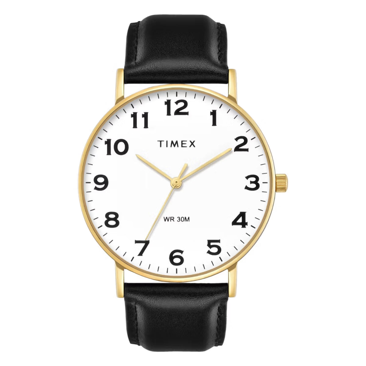 Timex watch with black leather strap and white face on a white background