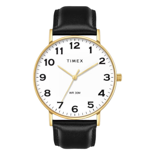 Timex watch with black leather strap and white face on a white background