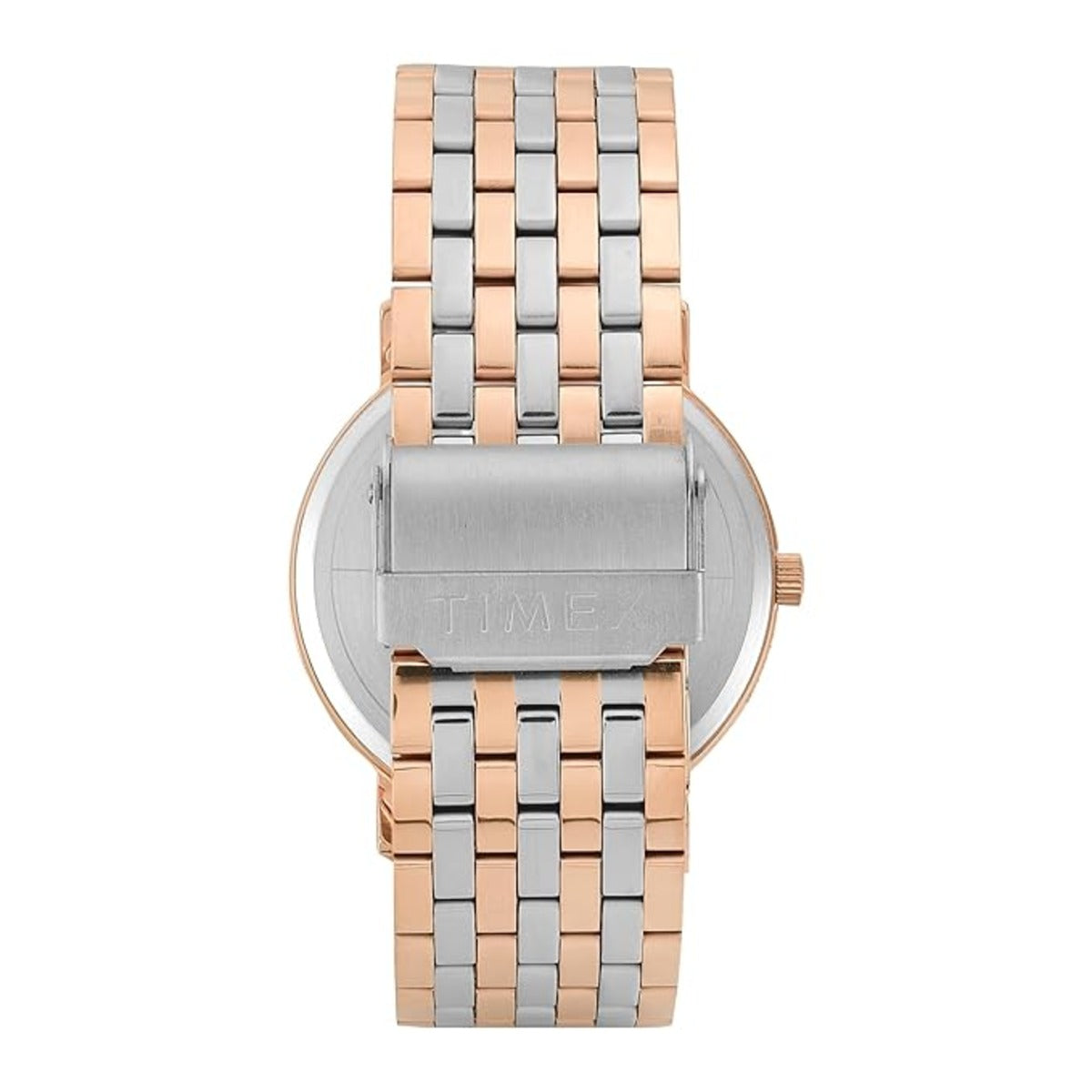 Two-tone watch with rose gold and silver band on a white background