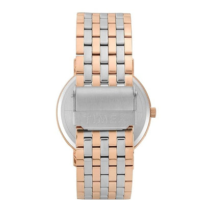 Two-tone watch with rose gold and silver band on a white background
