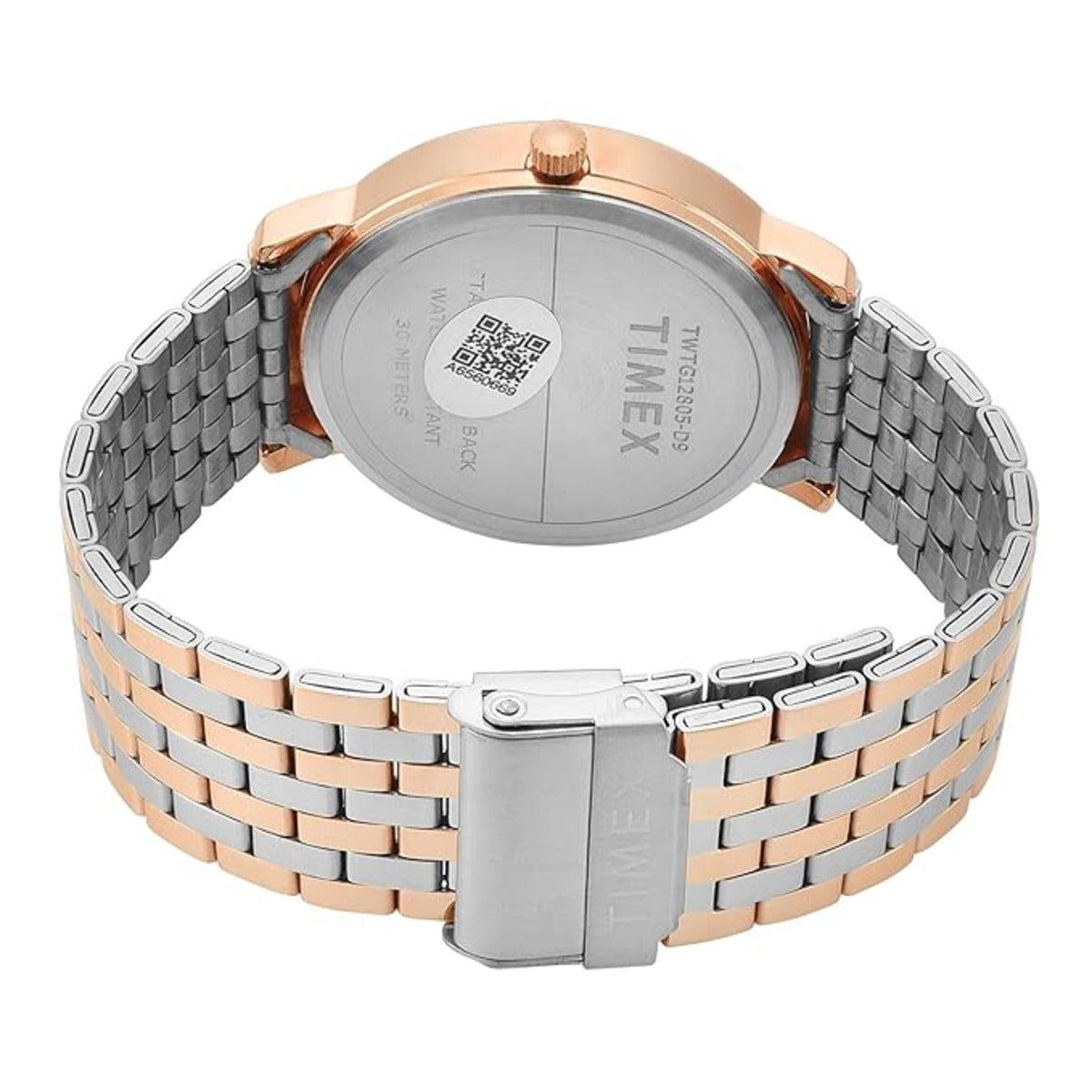 Timex watch with two-tone rose gold and silver metal band on a white background