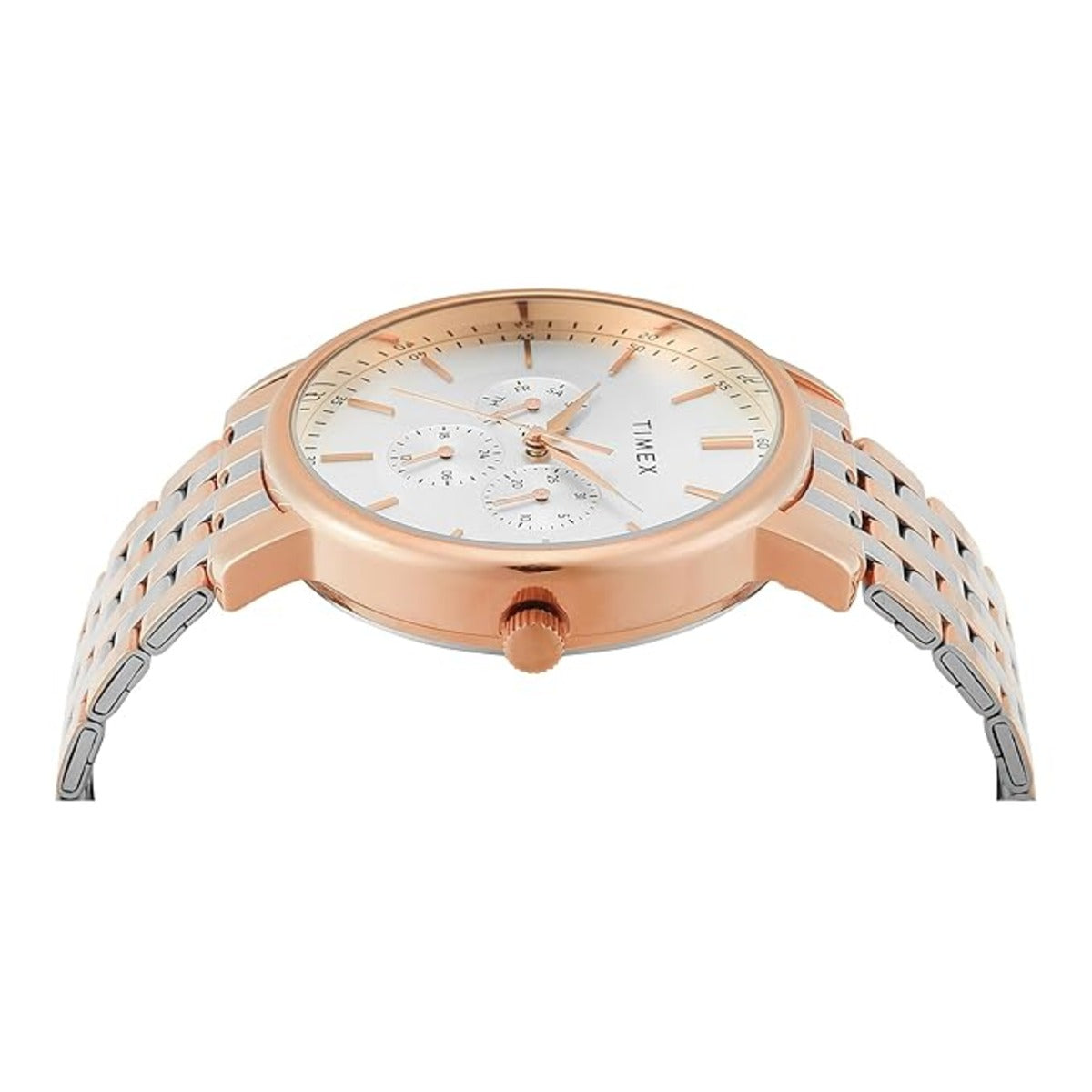 Rose gold and silver watch on a white background