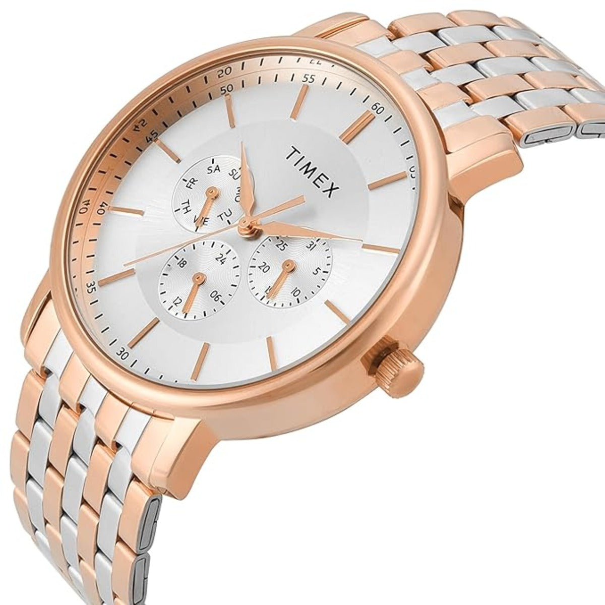 Timex watch with rose gold and silver metal band on a white background