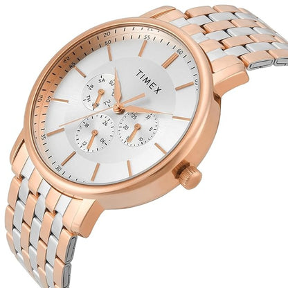 Timex watch with rose gold and silver metal band on a white background