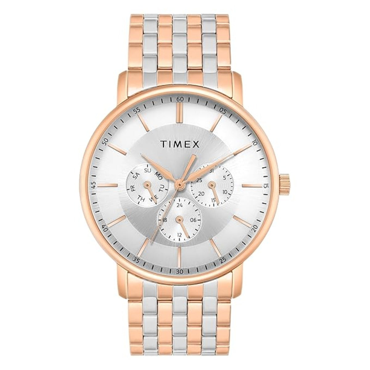 Two-tone Timex watch with rose gold and silver band on a white background