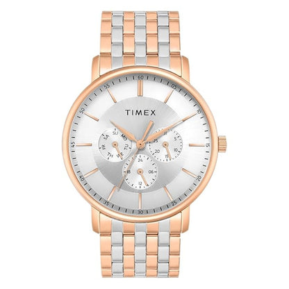 Two-tone Timex watch with rose gold and silver band on a white background
